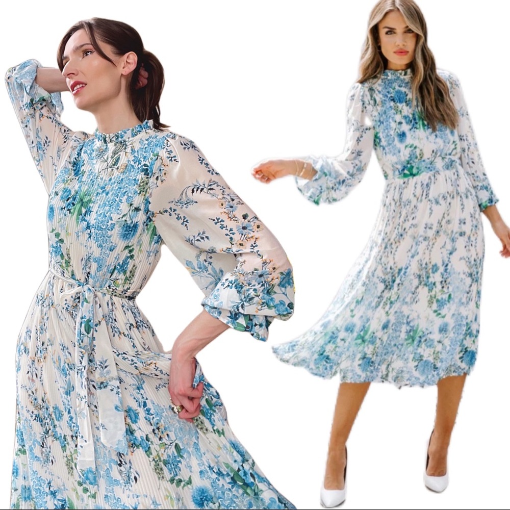 VICI Blue & White Floral High Neck Pleated Belted Plisse Chiffon Midi Dress Sz S